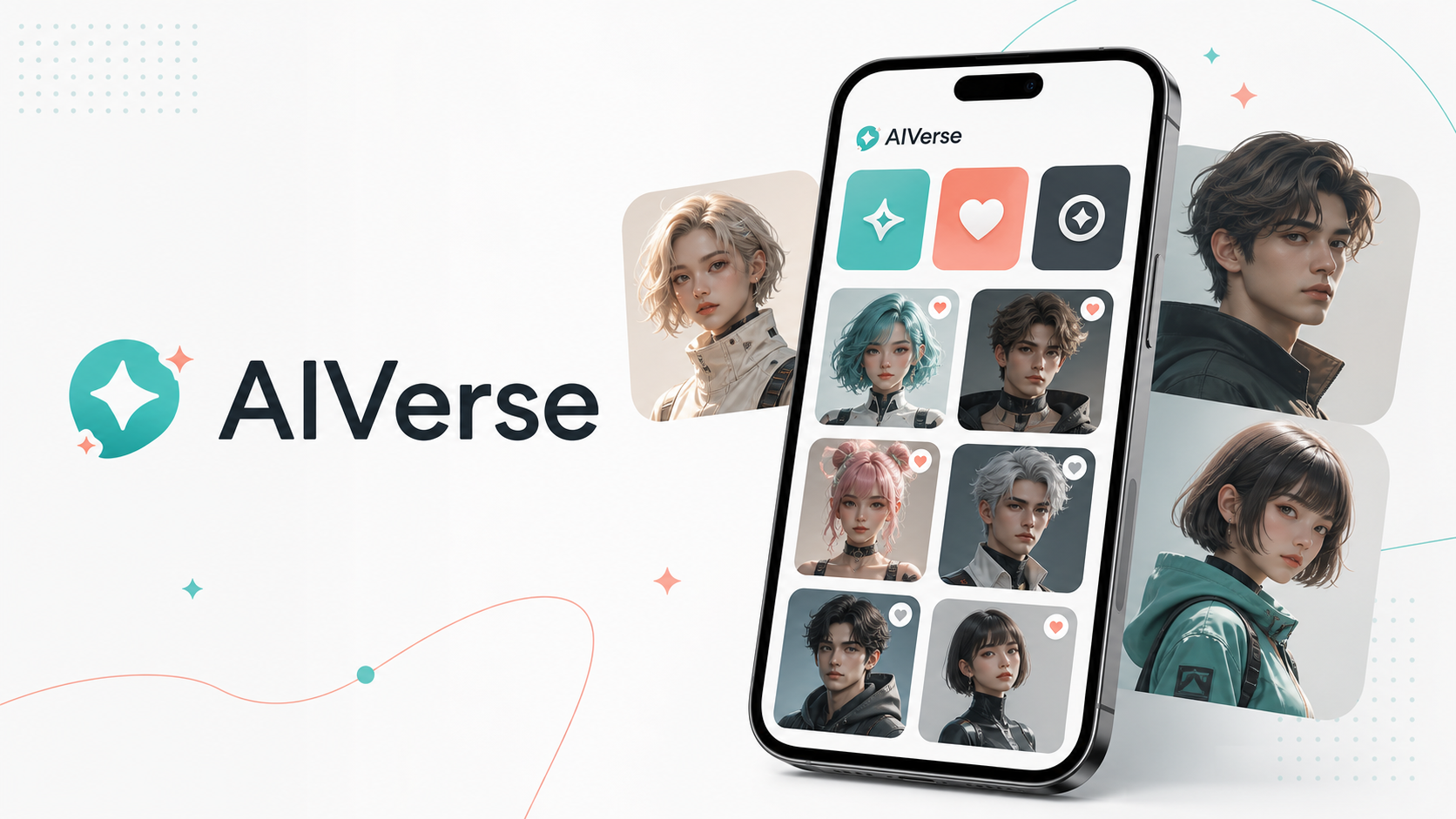 AIVerse mobile app concept showing AI character categories and favorites